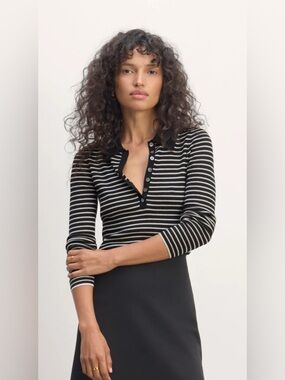 New Everlane THE POLO IN ULTRASOFT MERINO in Black/Canvas Size S